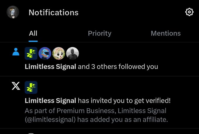 The image features a notification screen where various apps are displayed. On this screen, there's an alert for a Limitless Signal app that has been added to their list of preferred apps. The app details that it will notify users when someone follows them. There is also a message from the Limitless Signal app stating that they have been added as an affiliate. Another app in the app store is also listed, but no specific information about its function or purpose can be determined from the image.