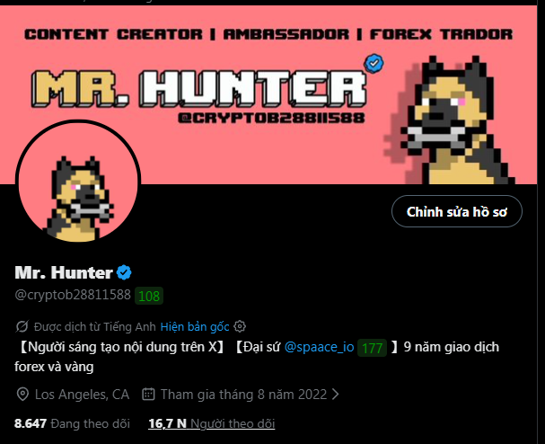 An X (Twitter) profile for 'Mr. Hunter' (@cryptob28811588) describing himself as a Content Creator, Ambassador, and Forex Trader, featuring pixel art dog avatars and based in Los Angeles, CA.