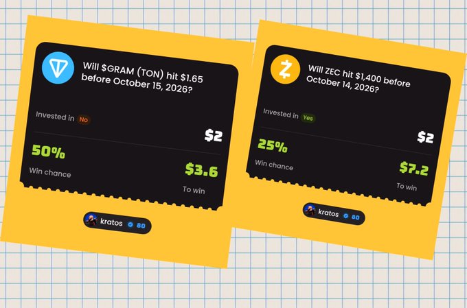 Two prediction market tickets from a user named 'kratos', betting $2 each on whether $GRAM (TON) will hit $1.65 by October 15, 2026, and whether ZEC will hit $1,400 by October 14, 2026.