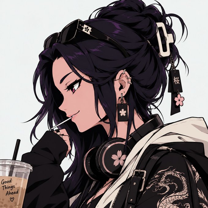 Anime-style illustration of a girl with dark purple hair, multiple piercings, and headphones around her neck, drinking bubble tea with text 'Good Things Ahead' on the cup.