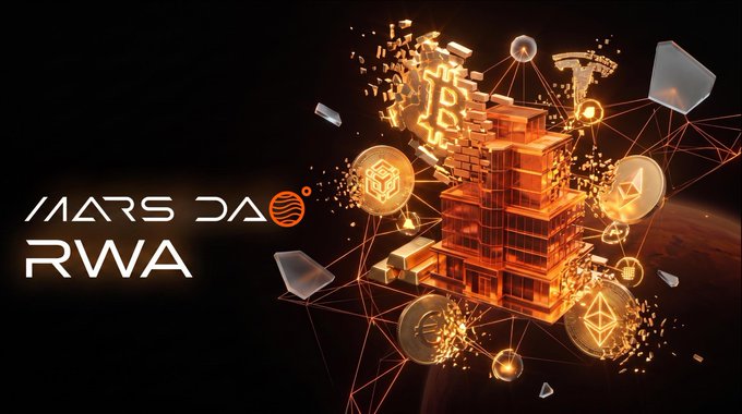 A Mars DAO RWA promotional graphic featuring an orange digital tower structure with cryptocurrency symbols including Bitcoin and Ethereum floating around it against a space-themed background.
