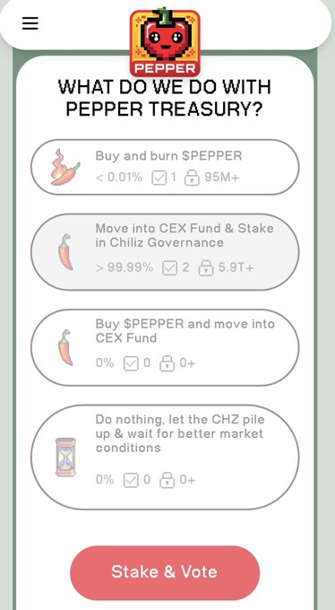 The image shows a smartphone screen with an app that allows users to vote for Pepper Treasury. It has four options displayed, each representing different actions or decisions related to the Pepper Treasury. The options include buying pepper, moving into CEX fund & stake in Chile Governance, and purchasing pepper. Users can choose which option they prefer by staking their $PEPPER and casting a vote.