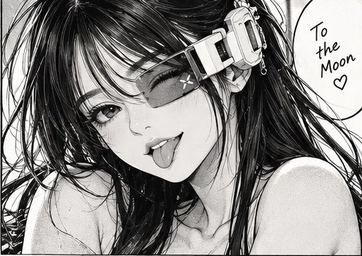 A black and white manga-style illustration of a girl with a VR headset bearing an 'X' symbol, sticking her tongue out, with a speech bubble reading 'To the Moon ♡'.