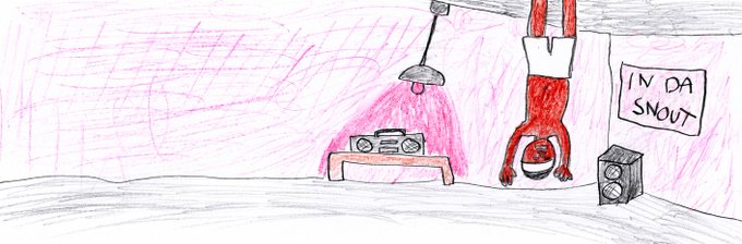 A child-like drawing in crayon or colored pencil showing a red figure hanging upside down in a room with a table, lamp, speakers, and a sign that reads 'IN DA SNOUT'.