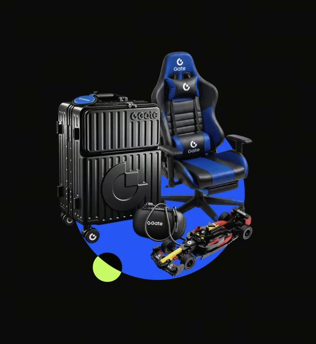A promotional image featuring a black and blue Gate gaming setup including a gaming chair, suitcase, controller case, and an RC car on a blue circular platform.