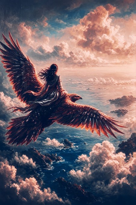 Fantasy digital artwork depicting a figure with long dark hair riding a large eagle through dramatic clouds over a coastal landscape.