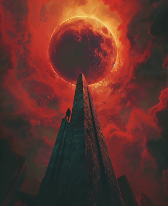 A dramatic digital artwork depicts a lone silhouetted figure standing atop a massive, dark spire that pierces a turbulent red sky dominated by a large, glowing blood moon.