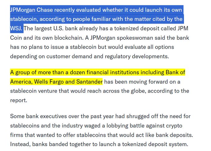 A news excerpt discussing JPMorgan Chase's evaluation of launching its own stablecoin and a group of financial institutions including Bank of America, Wells Fargo, and Santander moving forward on a stablecoin venture.