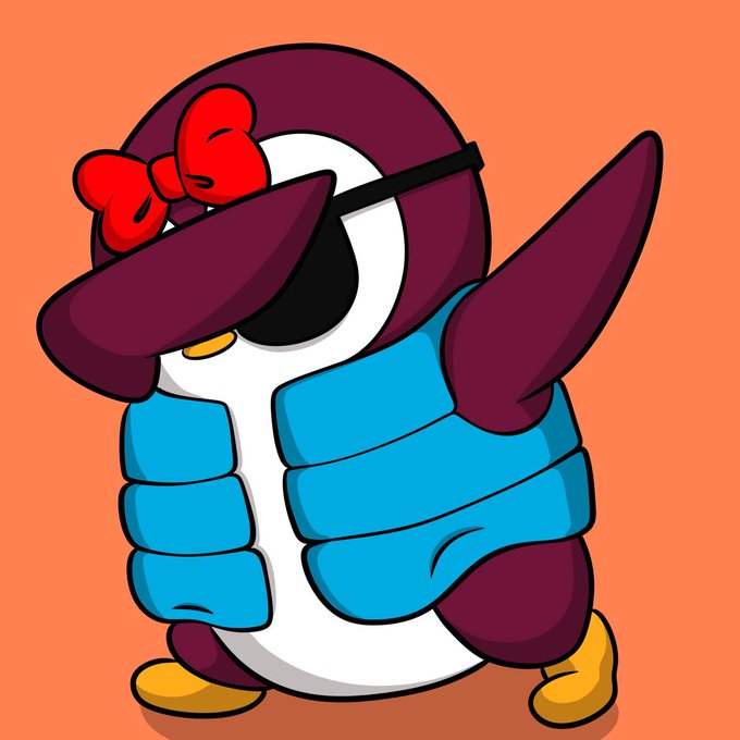 A cartoon penguin character wearing a purple visor with a red bow, sunglasses, and a puffy blue vest stands against an orange background.