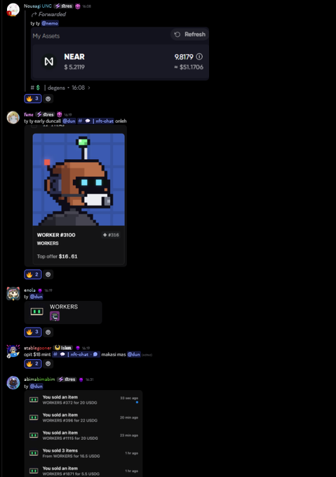 A screenshot of a Discord chat interface showing a user named 'enola' posting a pixel-art NFT of a monkey titled 'WORKER #3100' from a collection, alongside their crypto wallet assets.