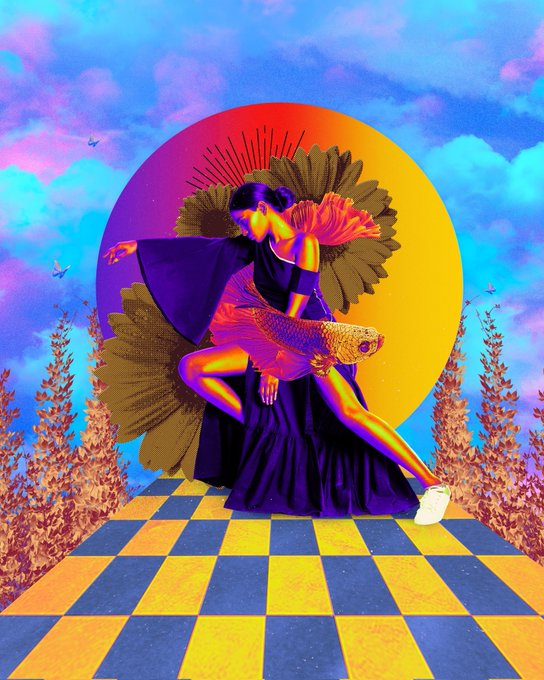 A vibrant surreal digital artwork featuring a figure in a flowing purple dress with a large sunflower-like backdrop, sitting on a blue and yellow checkered floor against a sunset and cloudy sky, holding a fish.