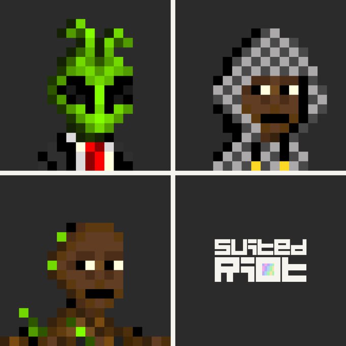 A four-panel grid showing pixelated NFT-style characters in the top and bottom-left squares, with a logo reading 'SUNSETD RAZE' in the bottom-right.