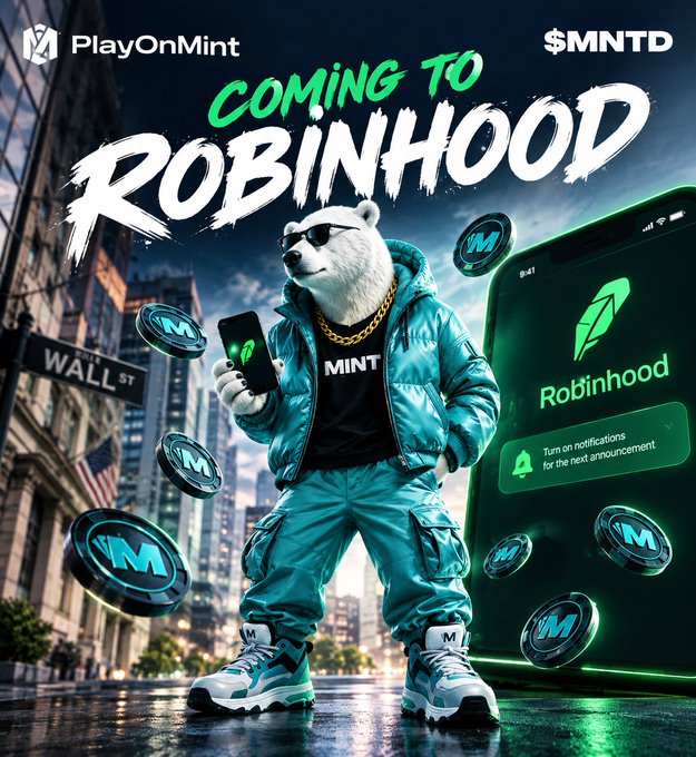 An identical promotional graphic to image 2, announcing 'PlayOnMint' and '$MNTD' 'COMING TO ROBINHOOD' with a stylish polar bear character.