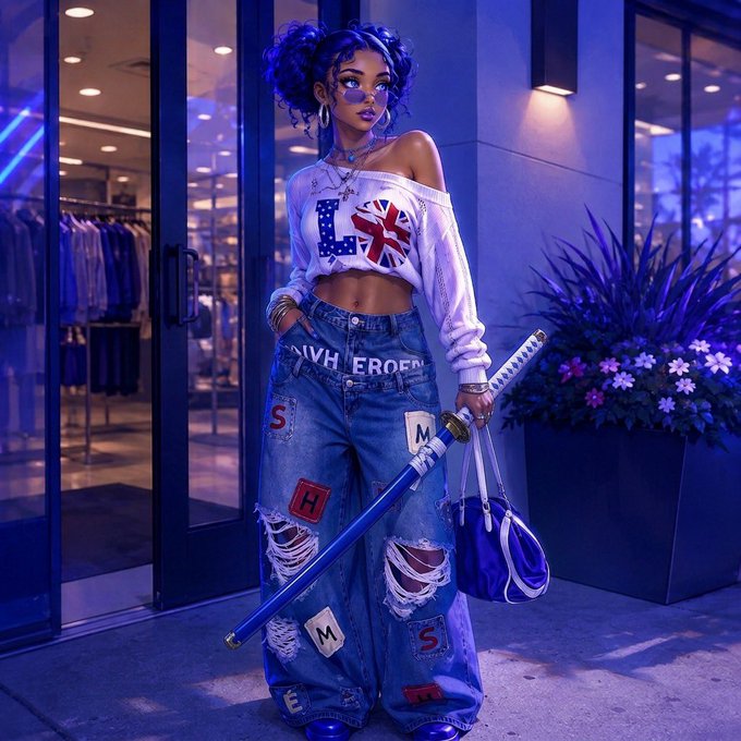 A 3D-rendered stylized female character with purple hair standing outside a clothing store at night, wearing a white top with 'LOVE' lettering, patched jeans labeled 'M', 'S', and 'H', and holding a katana.