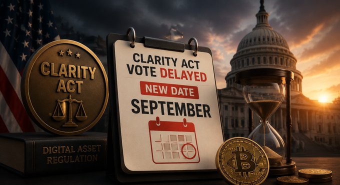 A graphic illustration featuring the text 'CLARITY ACT VOTE DELAYED' with a new date of 'SEPTEMBER', alongside a 'DIGITAL ASSET REGULATION' book, a Bitcoin coin, and an hourglass set against the U.S. Capitol building.