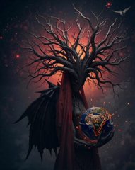Dark fantasy digital art of a hooded figure in a black cloak standing beneath a large, bare tree against a blood-red moonlit sky, holding a glowing, colorful spherical object.