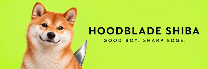 A smiling Shiba Inu dog holds a knife blade against a green background, next to the text "HOODBLADE SHIBA - GOOD BOY. SHARP EDGE." The image directly matches the post's branding, visually pairing the soft, friendly canine mascot with the "sharp edge" tagline and ticker symbols ($HBLINU) associated with the Robinhood Chain token.