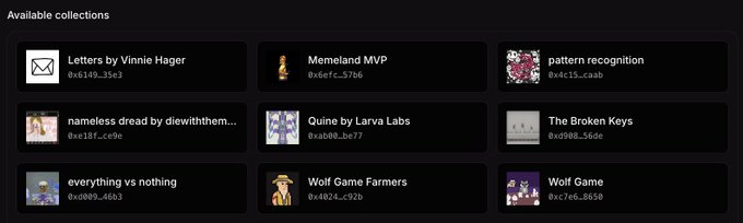 The image shows a grid of nine "Available collections" including "Wolf Game Farmers" (0x4024...c92b) and "Wolf Game" (0xc7e8...0658), which are the NFT collections referenced in the post about the FWA (Fractionalized Wolf Asset) platform. The screenshot highlights the inclusion of these Wolf Game assets as new additions, supporting the platform's goal of enabling users to win and yield WG (Wolf Game) assets.