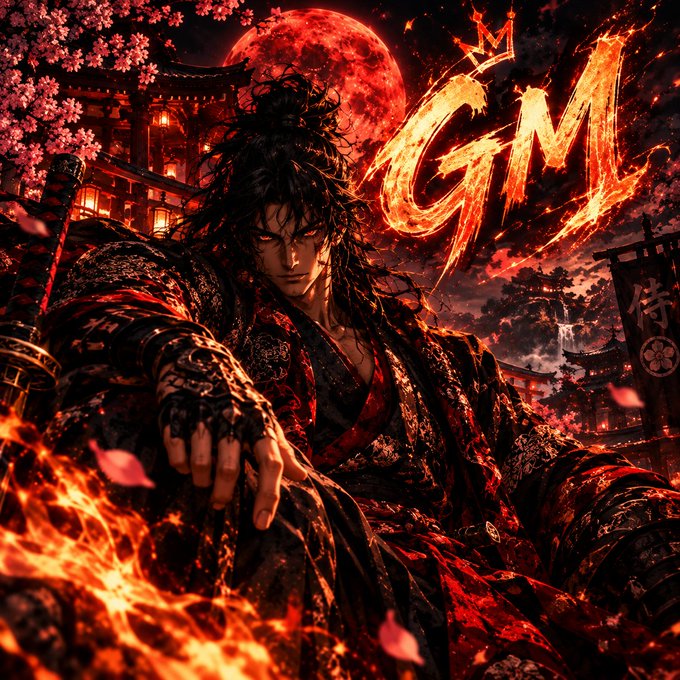 A dramatic digital illustration shows a dark-haired warrior in red and black traditional attire surrounded by flames and cherry blossoms, with a fiery 'GM' logo and a red moon in the background.