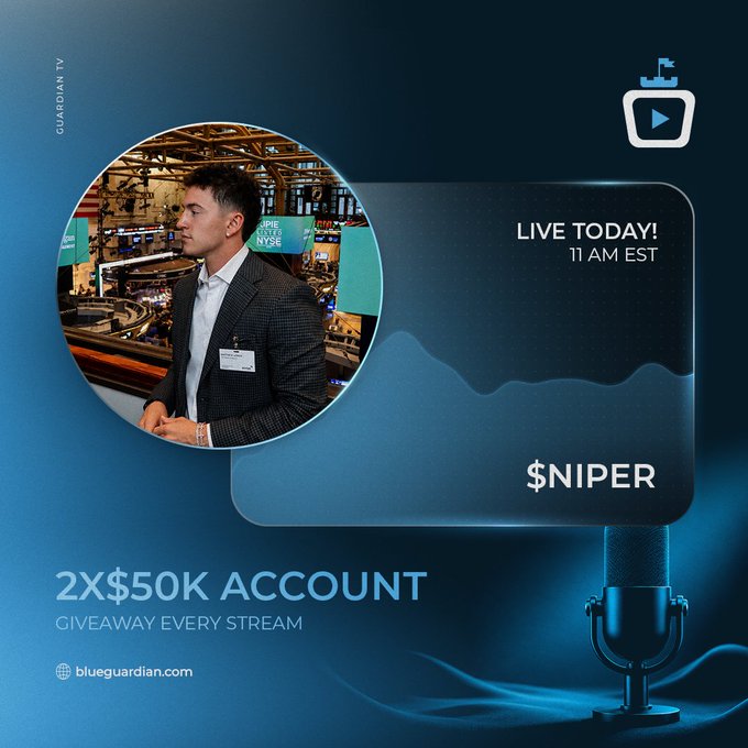 A promotional graphic for Guardian TV featuring a stock trader at the NYSE, advertising a live stream today at 11 AM EST on the ticker $NIPER, with a giveaway of 2x $50K accounts.