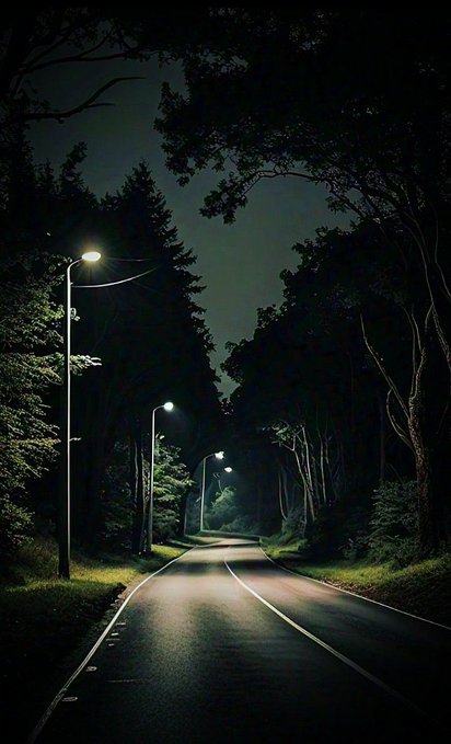 A quiet, empty asphalt road winding through a dark forest at night, illuminated by a row of tall streetlights casting light onto the pavement.