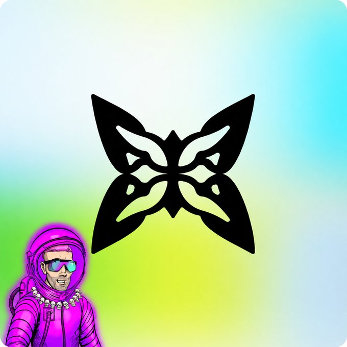 A stylized black butterfly logo with symmetrical wing patterns sits against a soft pastel gradient background, with a small illustration of an astronaut in a pink suit wearing sunglasses positioned in the bottom-left corner. The butterfly and space-themed imagery visually represent Quip Network's quantum computing marketplace, symbolizing transformation and forward-thinking technology in the decentralized computing space.