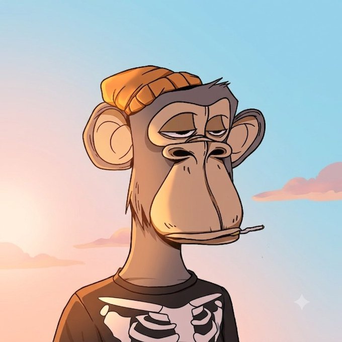 A cartoon illustration of a Bored Ape-style monkey wearing an orange beanie, with a stick in its mouth, set against a sunset sky.