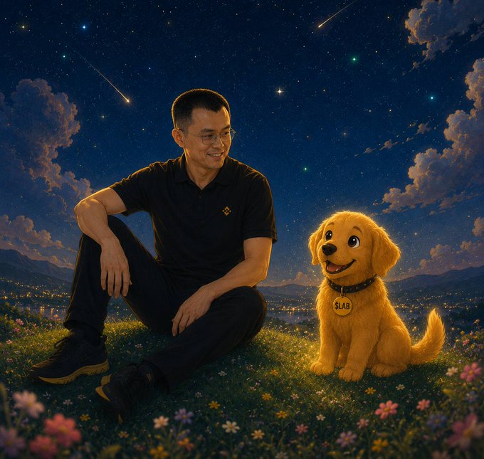 A stylized illustrated image depicting a smiling man in a black polo shirt sitting on a grassy hill at night under a starry sky with shooting stars, alongside an animated golden retriever puppy wearing a collar that reads "$LAB".