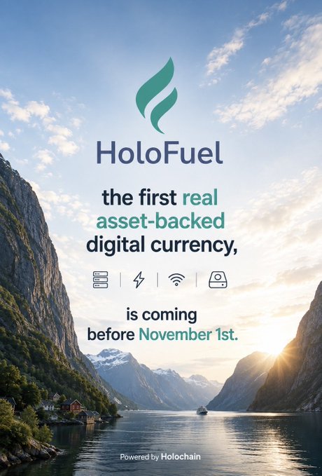 An advertisement for 'HoloFuel' describing it as 'the first real asset-backed digital currency' that 'is coming before November 1st', set against a scenic mountain and fjord landscape and powered by Holochain.