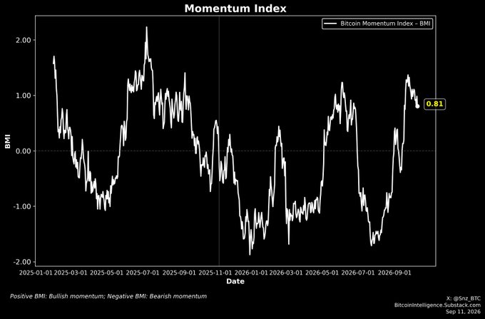 A 'Momentum Index' line chart labeled 'Bitcoin Momentum Index – BMI' with the current value highlighted at 0.81, dated Sept 11, 2026.