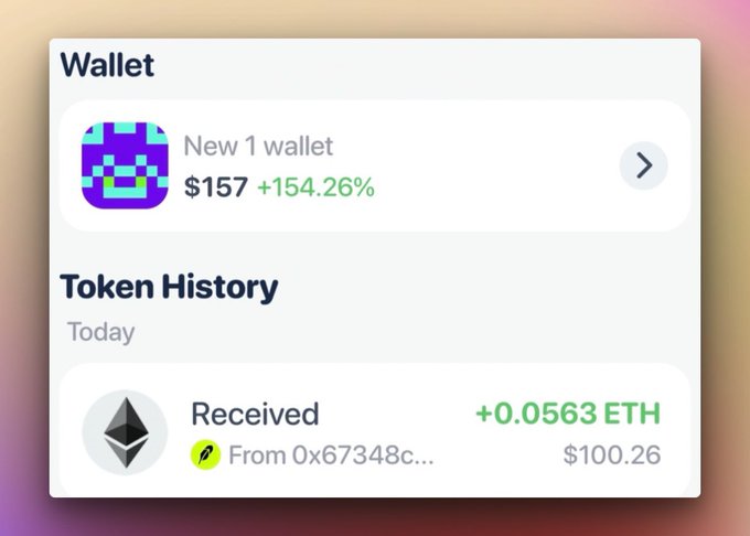 A wallet interface showing a "New 1 wallet" with a balance of $157 (+154.26%) alongside a Token History entry for receiving +0.0563 ETH ($100.26) from address 0x67348c..., seemingly promoting the RobinTown platform as a way to earn money through crypto trading.