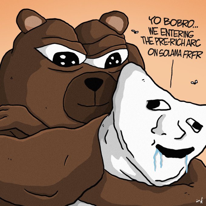 A meme featuring a muscular brown bear hugging a crying white dog mask, with text reading 'YO BOBRO... WE ENTERING THE PRE-RICH ARC ON SOLANA FRFR'.