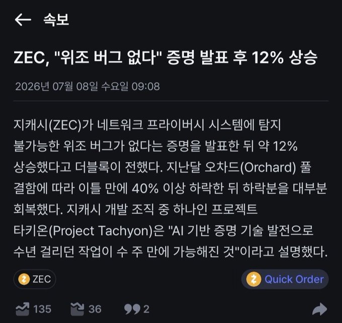 A Korean-language news article dated 2026년 07월 08일 reports that ZEC (지캐시) rose about 12% after Zircuit announced the launch of its privacy system and Project Tachyon.