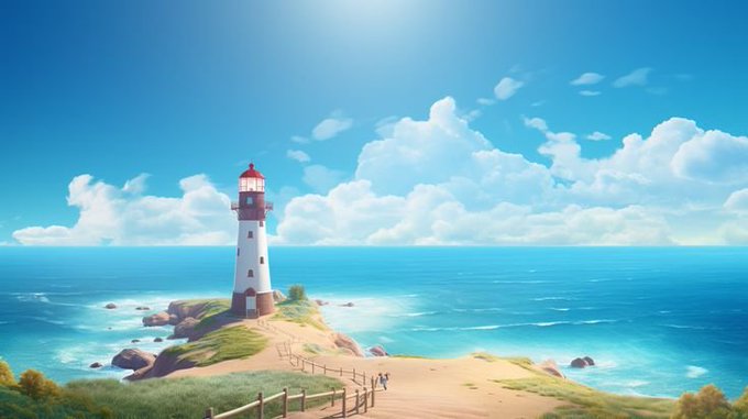 An illustrated scene of a white lighthouse with red top on a coastal cliff overlooking a turquoise ocean under a bright blue sky with fluffy clouds.