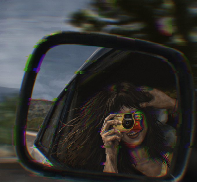A digitally glitchy photograph showing a reflection of a person holding a colorful camera in a car's side mirror, with chromatic aberration effects.