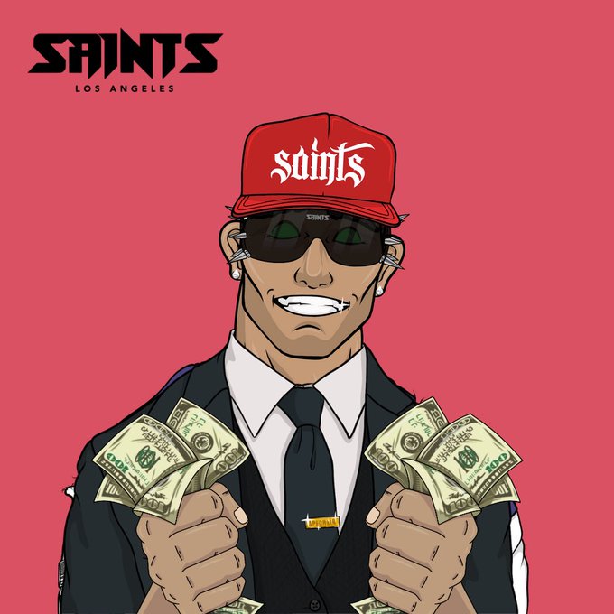A cartoon-style illustration of a smiling man wearing a 'saints' red cap and sunglasses, holding stacks of cash, with 'SAINTS LOS ANGELES' text in the corner.
