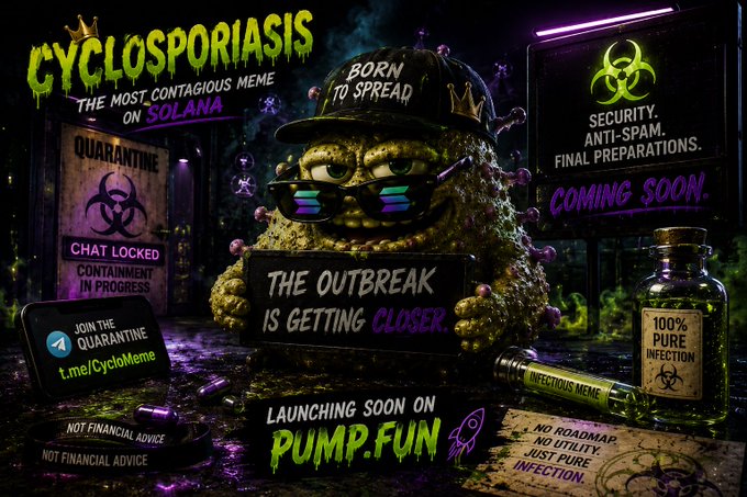 Promotional poster for 'CYCLOSPORIASIS,' described as 'THE MOST CONTAGIOUS MEME ON SOLANA,' featuring a crowned germ character and text 'LAUNCHING SOON ON PUMP.FUN'.