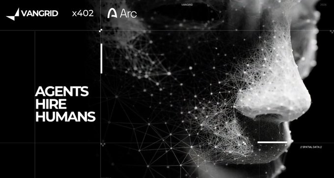 A digital graphic with a black background displays "VANGRID", "Arc", and the text "AGENTS HIRE HUMANS" next to a wireframe profile of a face.