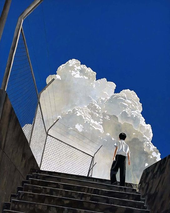 In this image, there's an artist who has created a painting featuring a young boy standing at the bottom of stairs looking up towards a large cloud. The boy appears to be holding a book or a piece of paper as he gazes upwards. The sky in the background is blue and cloudy, providing a beautiful backdrop for the scene depicted in the artwork.