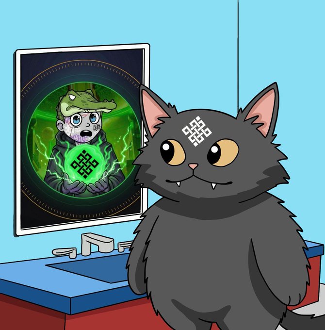 A black cartoon cat with a white knot symbol on its forehead sits on a red and blue desk, while a poster behind it shows a hooded figure holding a glowing green orb marked with the same knot symbol—matching the Ritual network branding mentioned in the post about launching a sovereign agent on the Ritual testnet.