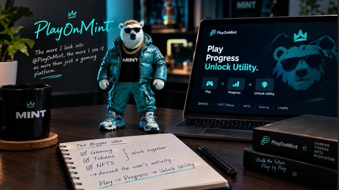 A marketing mockup for 'PlayOnMint' featuring a bear figurine wearing sunglasses and a MINT tracksuit, displayed alongside a laptop showing 'Play Progress Unlock Utility' and a notebook with 'The Bigger Idea'.