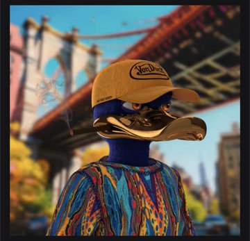 A digital artwork features a figure wearing a metallic duck mask, a 'Von Dutch' cap, and a colorful patterned shirt, set against a blurred background of the Manhattan Bridge.