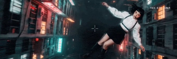 The image shows a person in a white shirt and black skirt appearing to float or fall in a cyberpunk-style neon-lit alleyway, with the text "FACE O SOCIALM" visible in the upper right corner. This banner, added by a community member for the Solana token $SLOPCORE on Moby, likely represents the token's branding through a dramatic, surreal visual aesthetic.