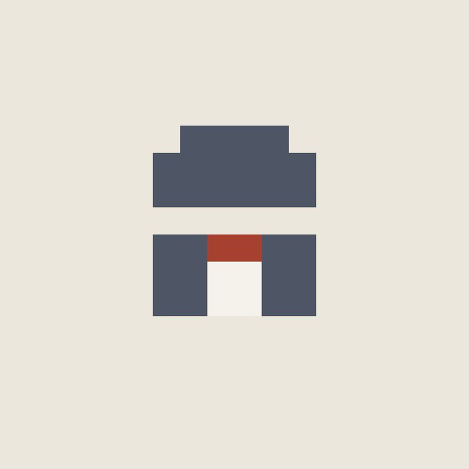 A minimalist, pixel-art style icon depicting a figure wearing a blue cap and blue clothing with a red mouth, set against an off-white background.