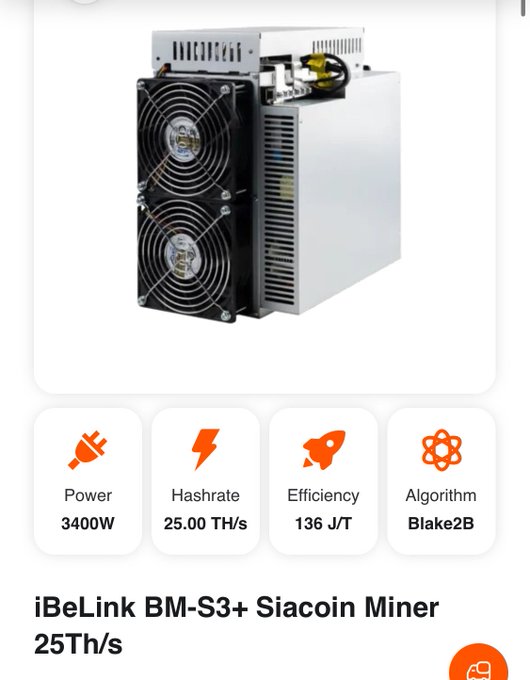 The image shows an **iBeLink BM-S3+ Siacoin Miner** with a hashrate of 25.00 TH/s, 3400W power consumption, 136 J/T efficiency, and uses the Blake2B algorithm. The post likely references using Bitcoin or SOL (cryptocurrency) to purchase this ASIC mining hardware for mining Siacoin.