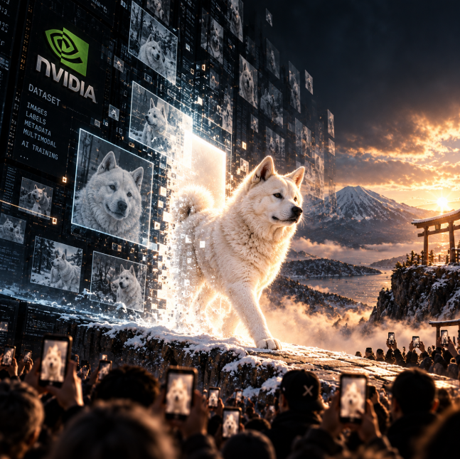 A digital artwork featuring the NVIDIA logo and "DATASET" text alongside floating panels displaying images of white wolves, with a large white wolf standing prominently in a snowy, sunset-lit landscape with a mountain in the background.