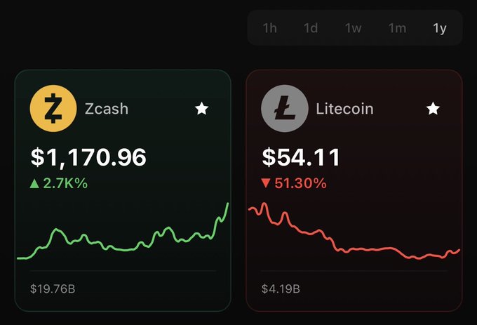 A cryptocurrency dashboard showing Zcash at $1,170.96 (+2.7K%) and Litecoin at $54.11 (-51.30%) over a 1-year period.