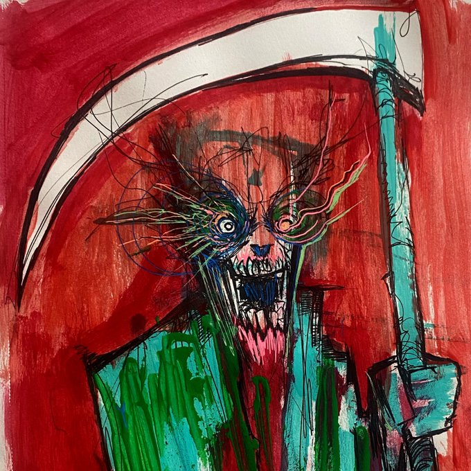 A chaotic painted illustration shows a wild-eyed figure with a wide grin and long whiskers holding a scythe against a red background.