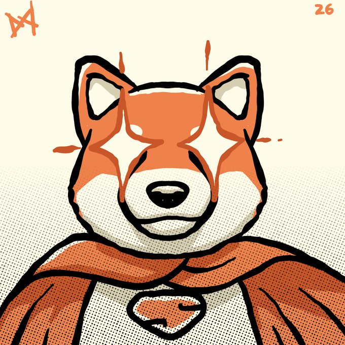 A stylized orange and white illustration of a Shiba Inu dog wearing a cape and a pendant, marked with '26' in the top right corner.