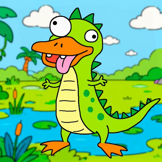 The image features a cartoon green dinosaur with big eyes, open mouth, and yellow spots on its back. The dinosaur appears to be standing in front of water, possibly a pond or river. The background includes palm trees and other elements typical of a tropical setting. The caption at the bottom of the image reads "QUACK QUACK!!! #DUCKZ #solana #web3 #crypto #pump #axiom".